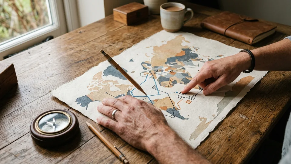 Hands working with an abstract map used as an editorial learning image
