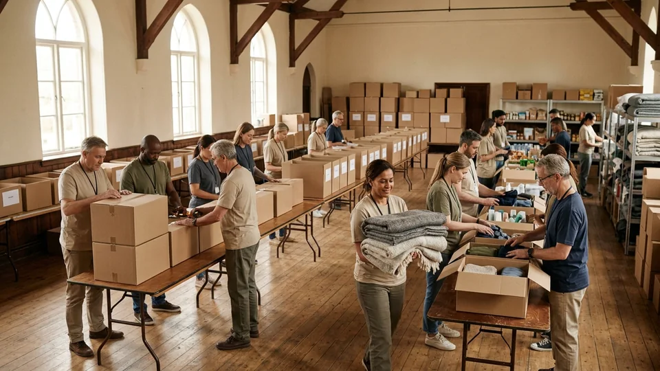 Adults organizing neutral supplies in a fictional community workspace