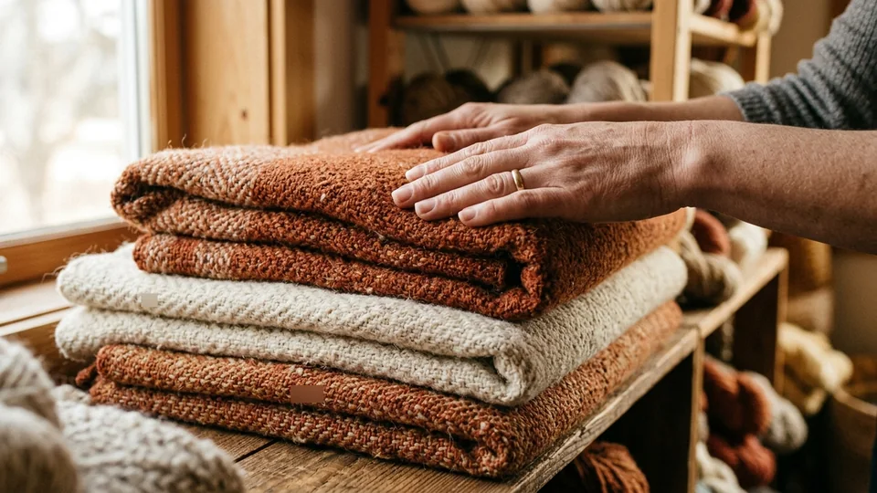Careful hands folding neutral blankets