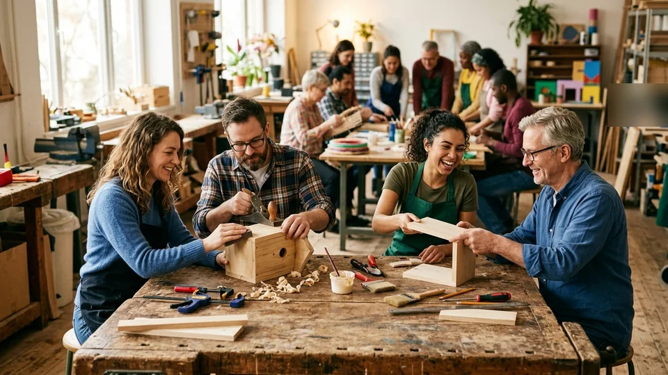Adults collaborating around a fictional shared worktable